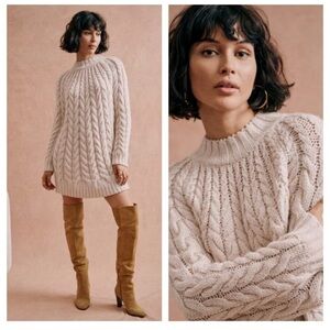 Sezane Drew Cable Knit Sweater Dress Merino Wool Mockneck Tan Cream Women's S